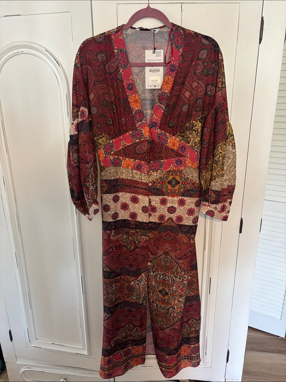 Zara Burgundy Paisley Midi Dress with Warm Patchwork Print